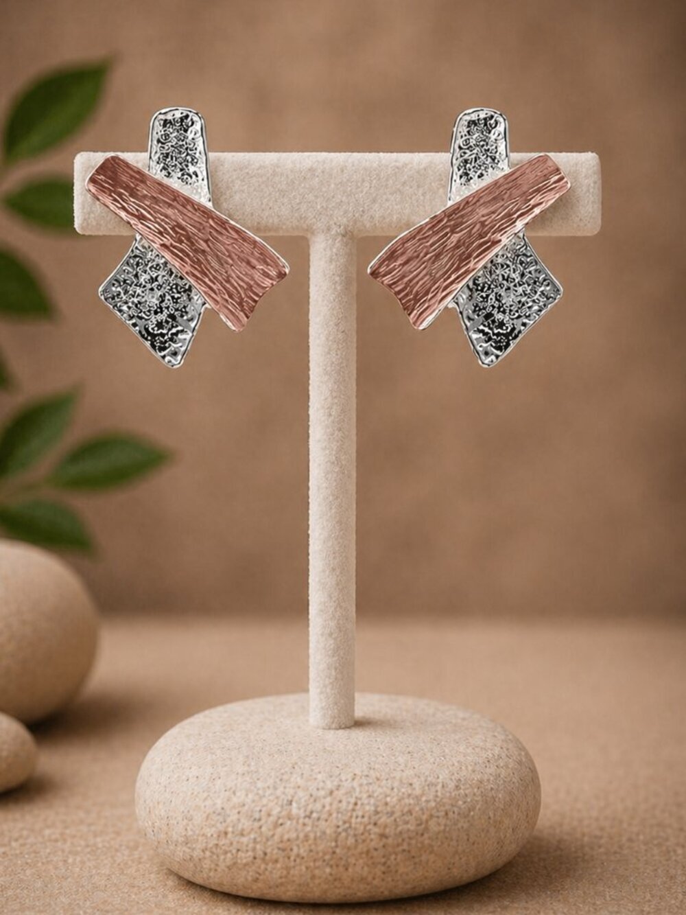 Modern Two-Tone Silver and Rose Gold Post Earrings - Picture 5 of 5